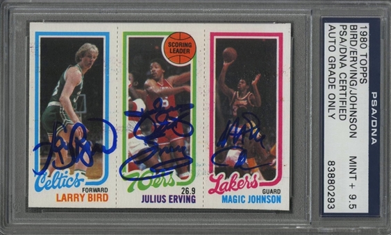 1980-81 Topps Larry Bird, Julius Erving and Magic Johnson Rookie Card – Signed by All Three Hall of Famers! - PSA/DNA MINT+ 9.5